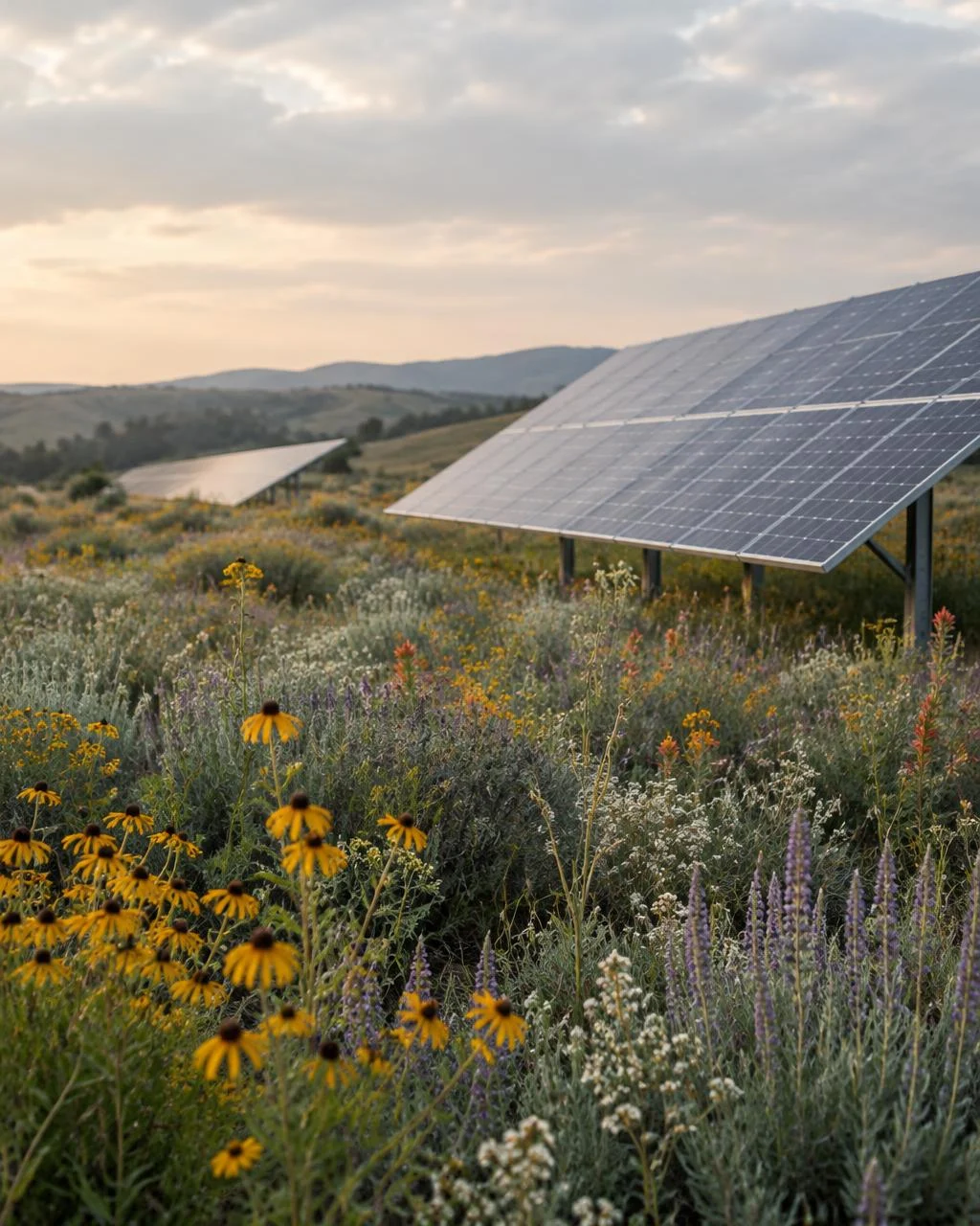 Solar panels among wildflowers