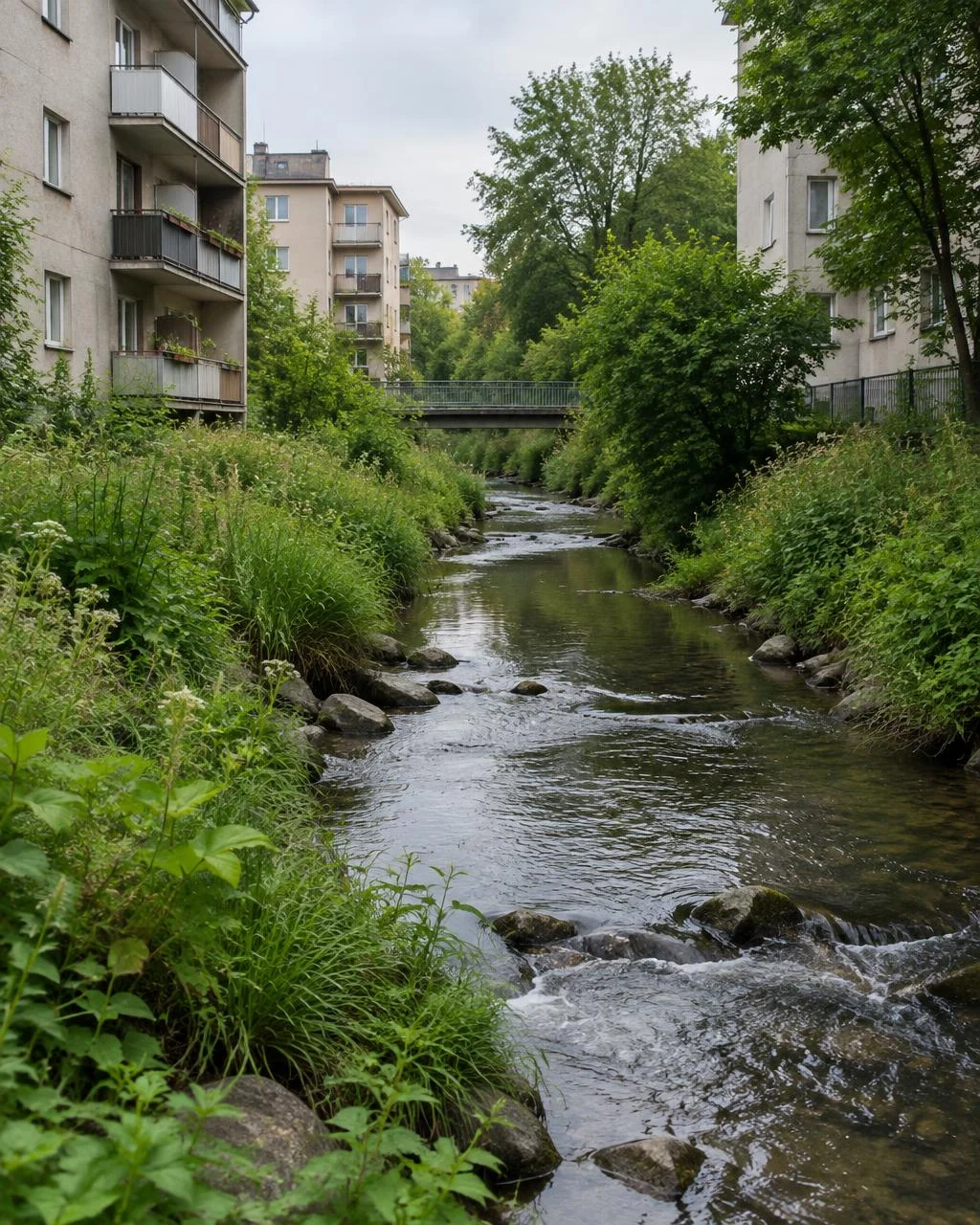 Illustrative urban creek beside apartments
