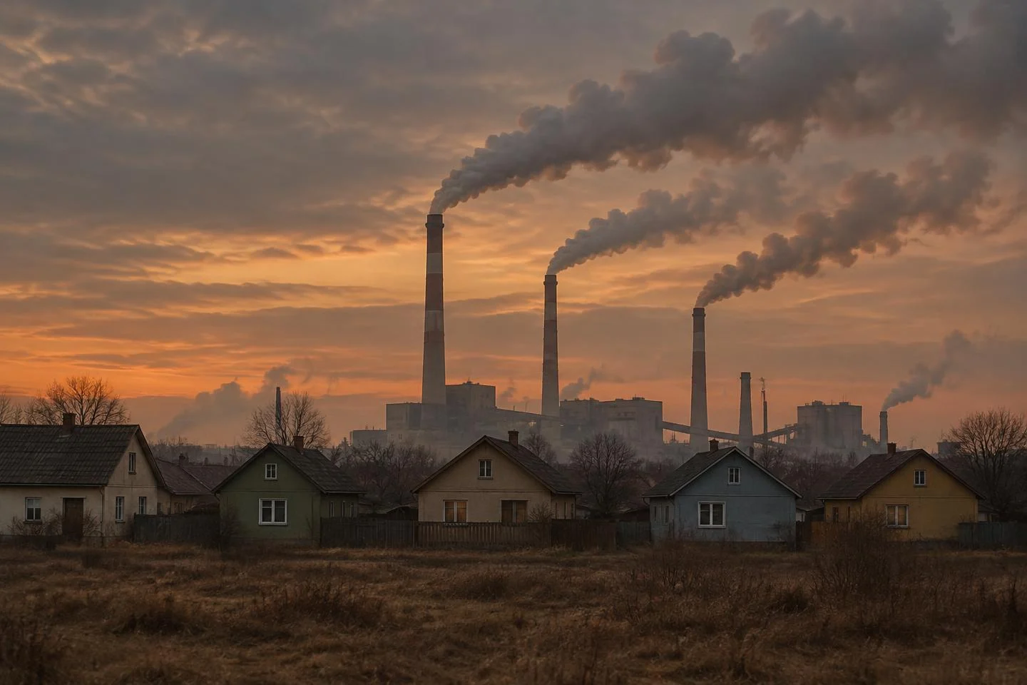 Illustrative industrial landscape with small houses