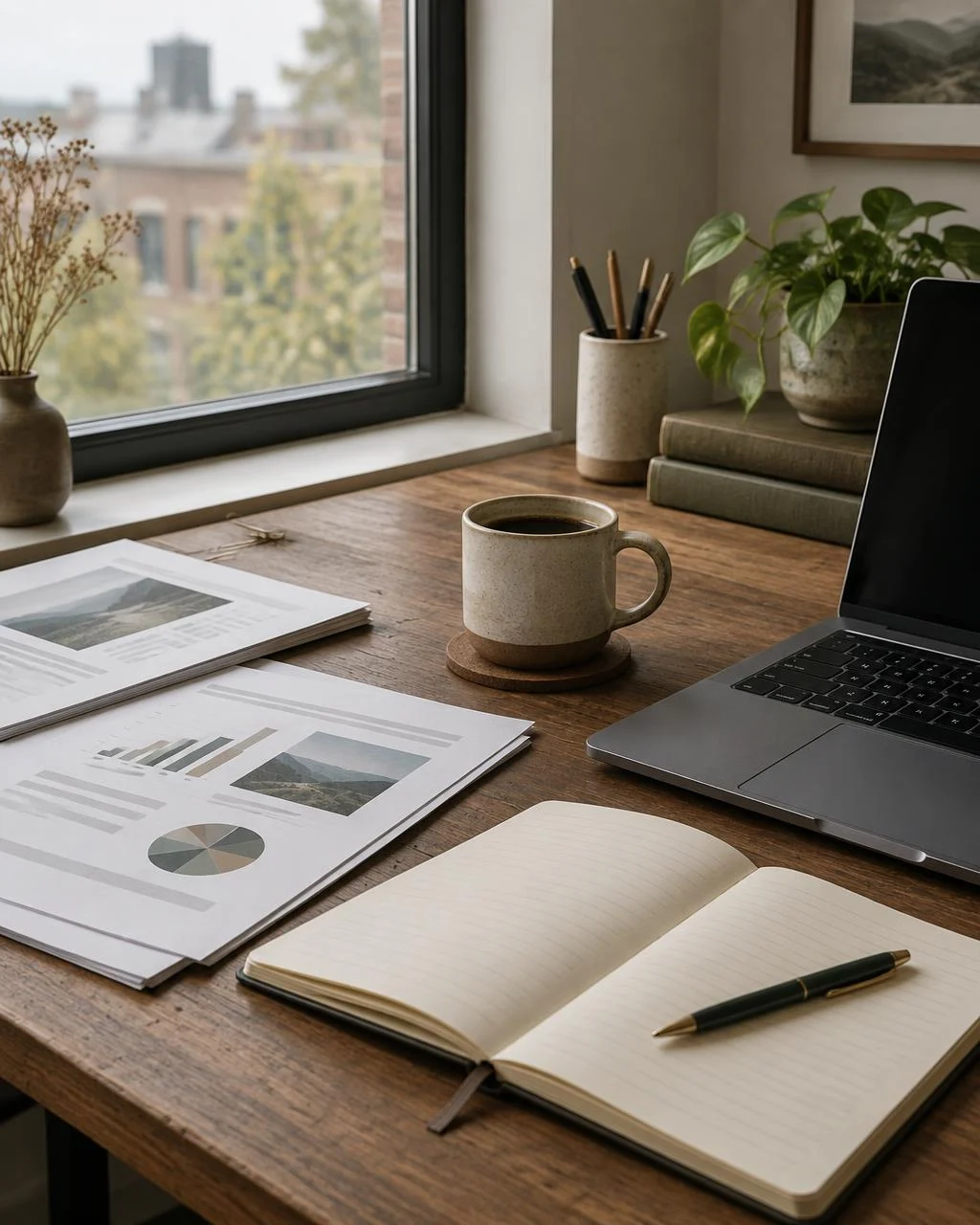 Illustrative writer's desk with notebook, reports and coffee